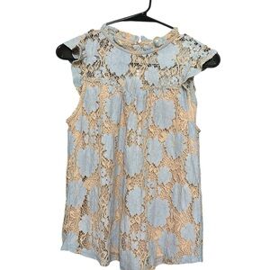 Floral Lace Sleeveless Sheer Overlay Top - Blue and Beige